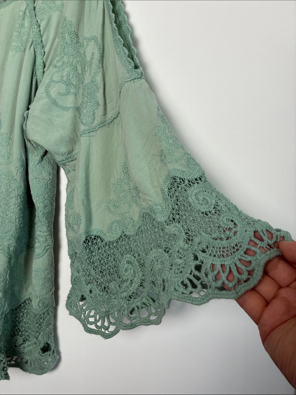 Democracy Sage Green Embroidered Crochet Peasant Blouse - Picture 5 of 9